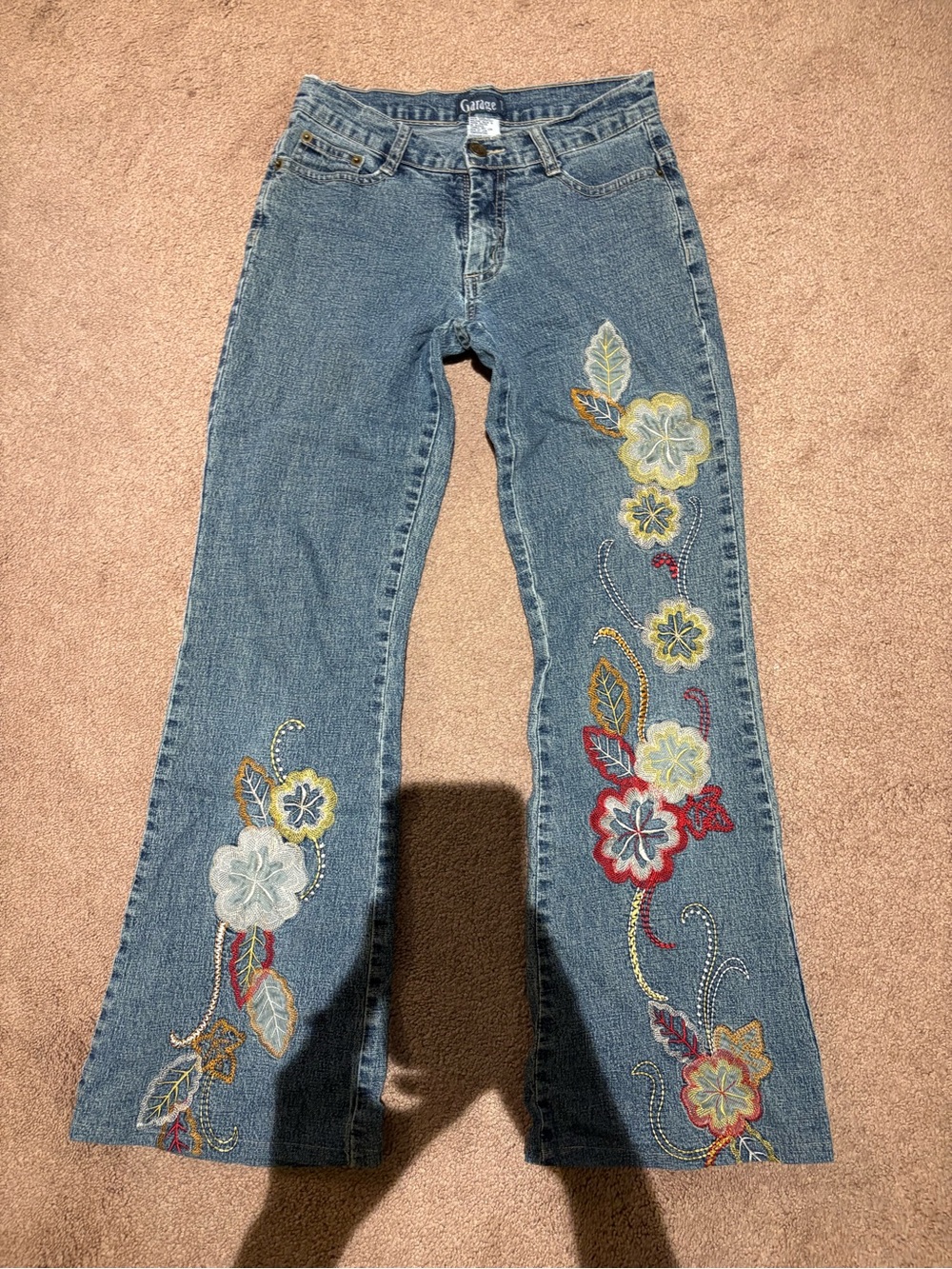 Vintage Garage Blue Flare Jeans with Multicolor Floral Embroidery size 3